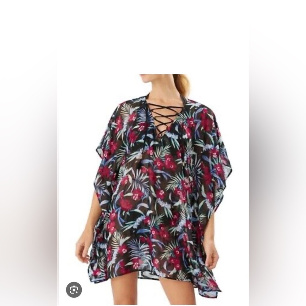 Tommy Bahama Black Floral Lace-Up Swim Coverup